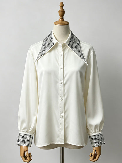 Rhinestone Collar & Cuff Button-Up Satin Shirt