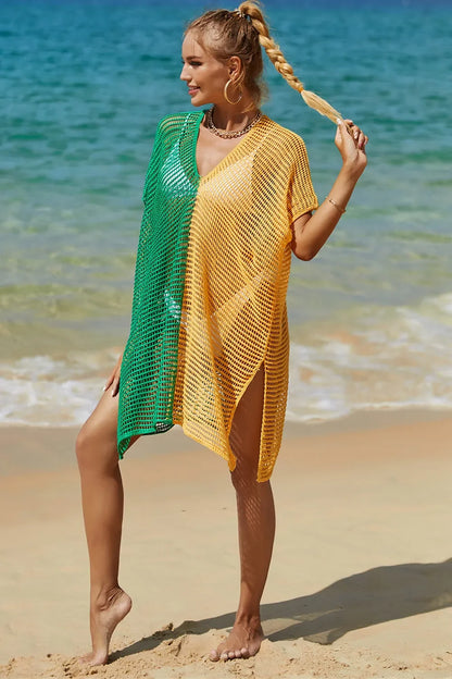 Angel Wings Openwork Contrast Slit Knit Cover Up