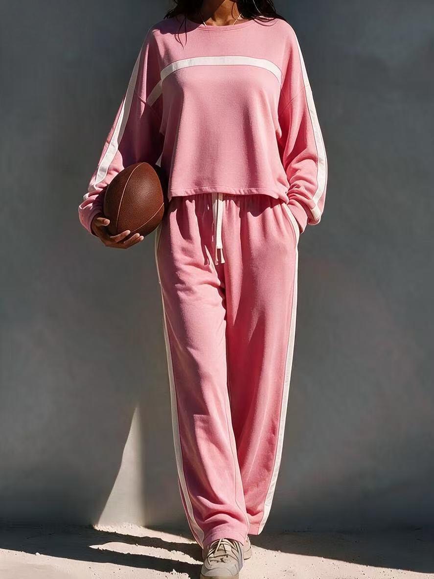 Striped Color-Block Casual Sporty Crew-Neck Sweatsuit Two-Piece Set
