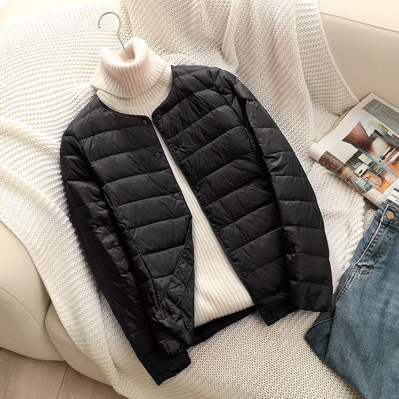 Round-neck Long-sleeved White Down Jacket In Large Size