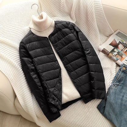 Round-neck Long-sleeved White Down Jacket In Large Size