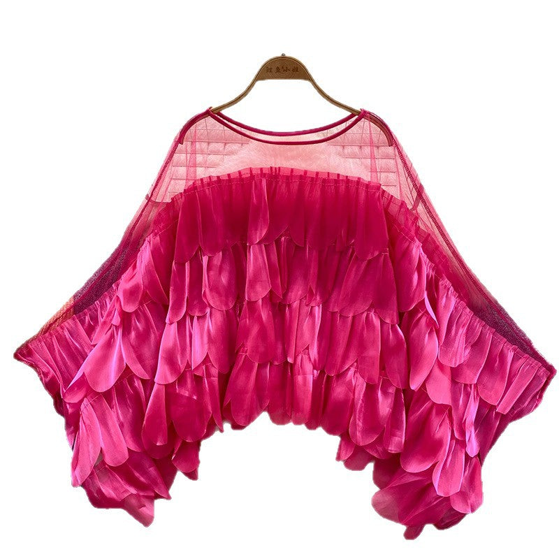 Womens Solid-color Ruffled Mesh-panel Blouse