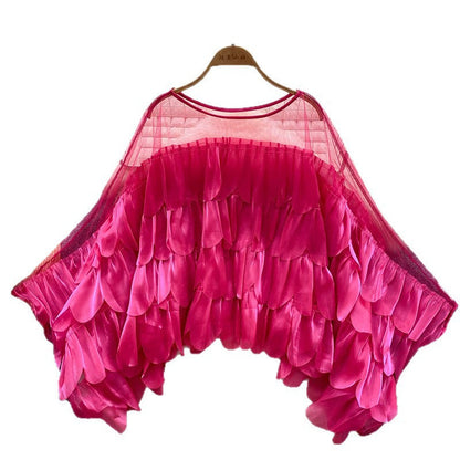 Womens Solid-color Ruffled Mesh-panel Blouse