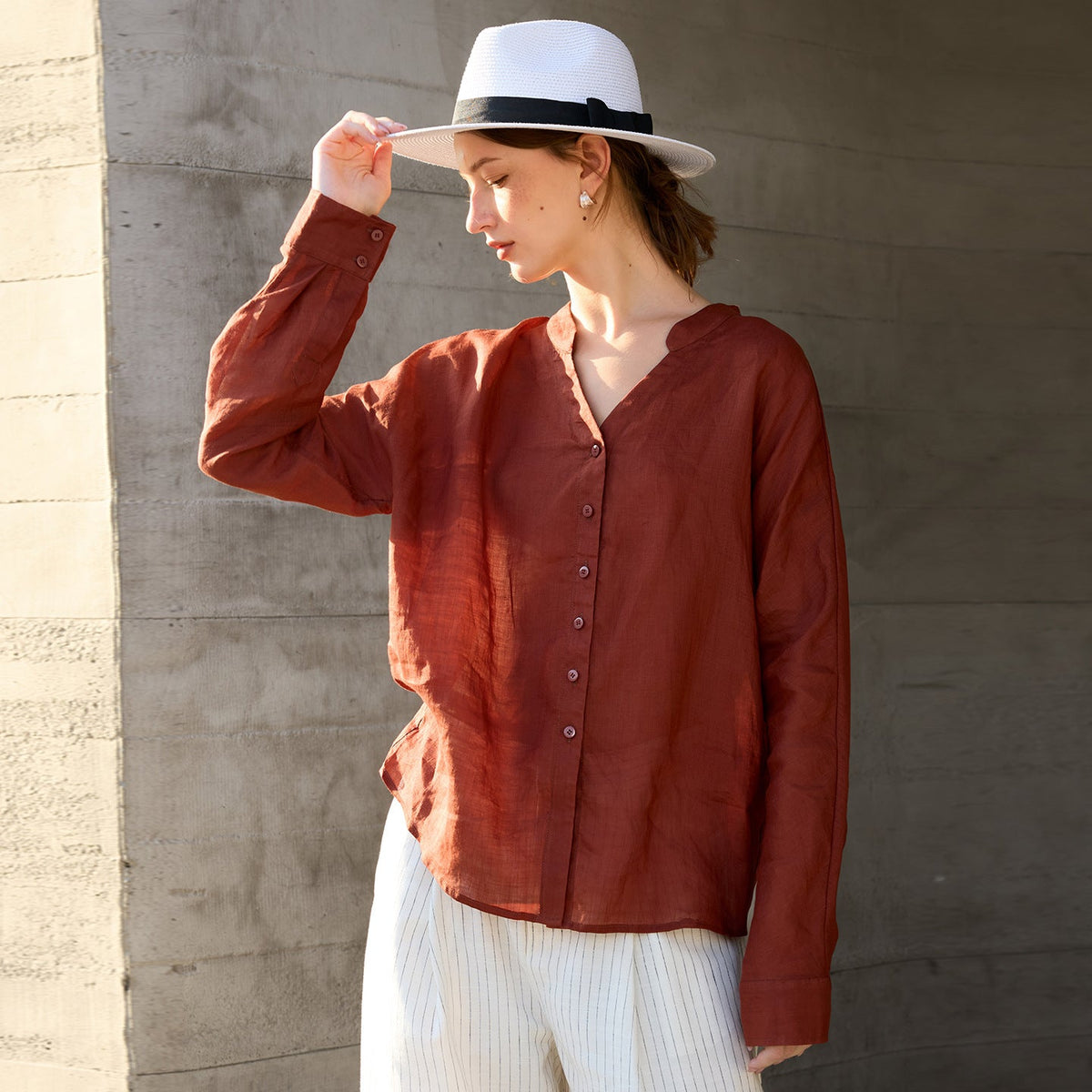 Ramie V-Neck Long Sleeve Blouse
