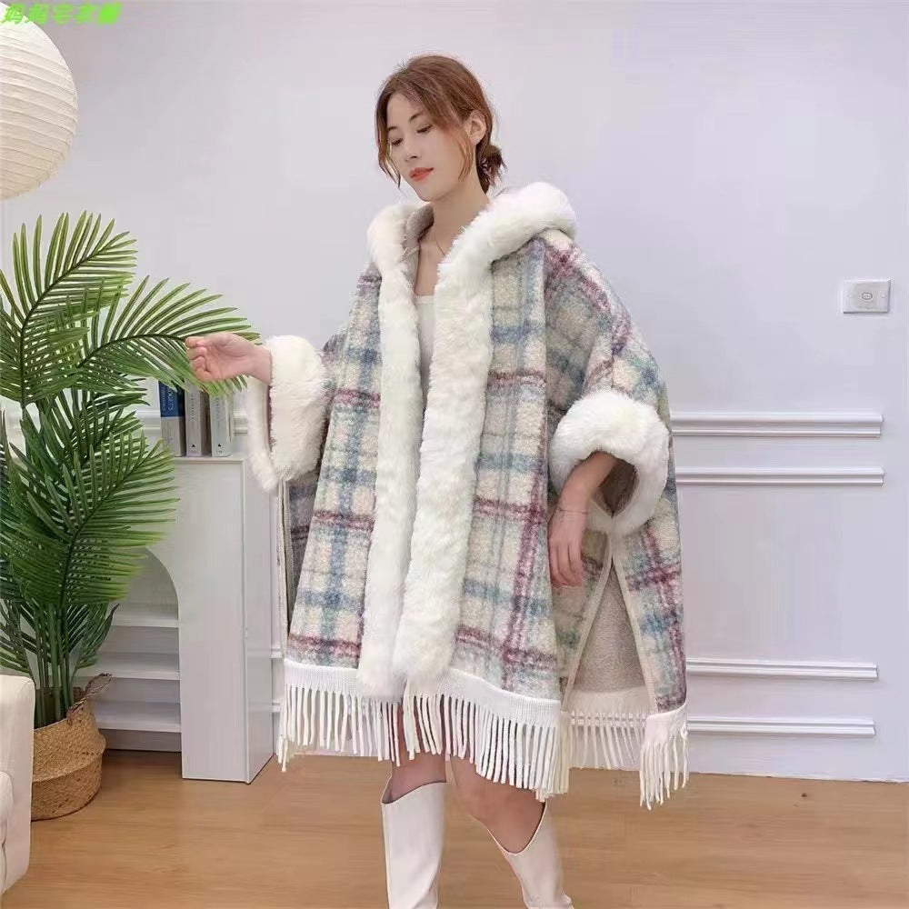 New Winter Hooded Cloak Shawl Fleece-lined And Extra-thick Latest Style