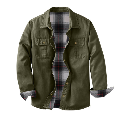Washed Canvas Work Jacket With A Plaid Lining, Durable And Warm
