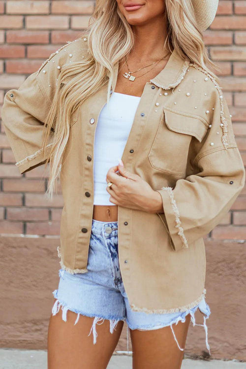 Raw Hem Pearl Trim Dropped Shoulder Denim Jacket for Women