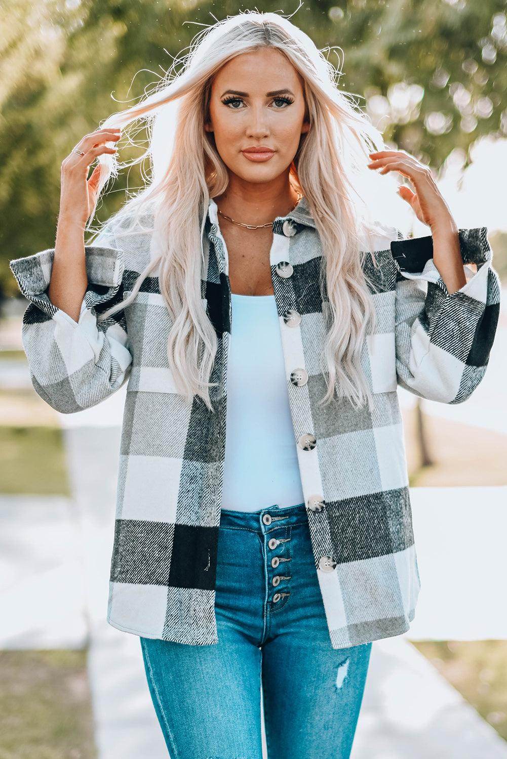 Plaid Button Up Dropped Shoulder Jacket for Women Stylish
