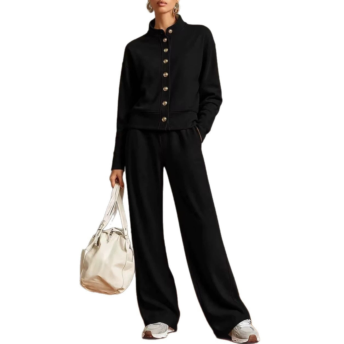 Stand-collar Cardigan And Wide-leg Pants Set