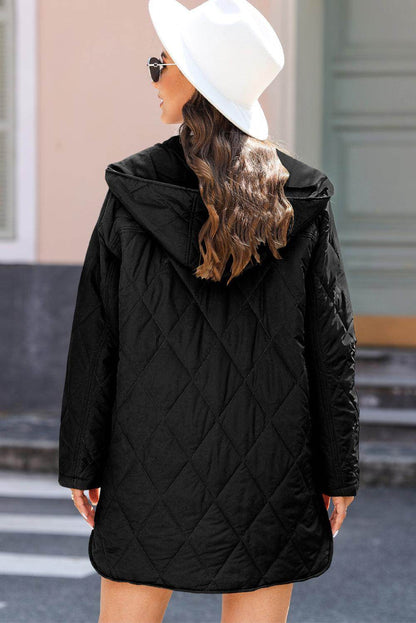 Snap Down Long Sleeve Quilted Winter Coat for Women