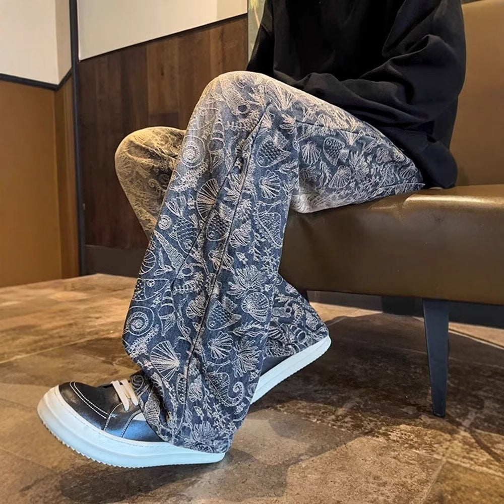 American-style Retro Blue Jacquard Jeans