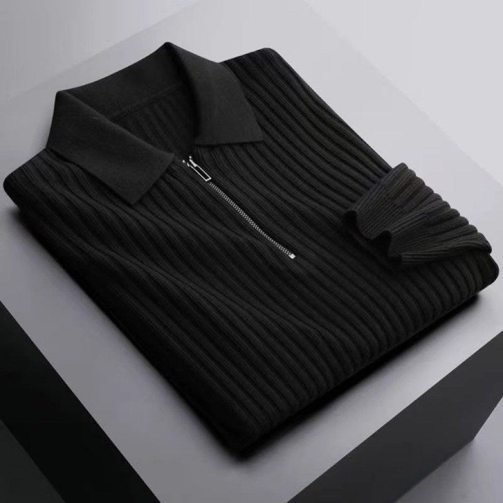 Lapel Knitted Polo Shirt Warm Bedford Cord Sweater Men's Half Zipper Knitted Top
