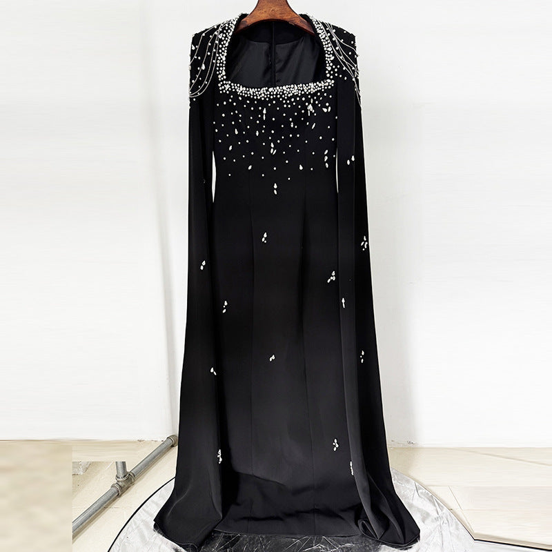 Beaded Lanyard Shawl Sleeve And Floor Long Dress