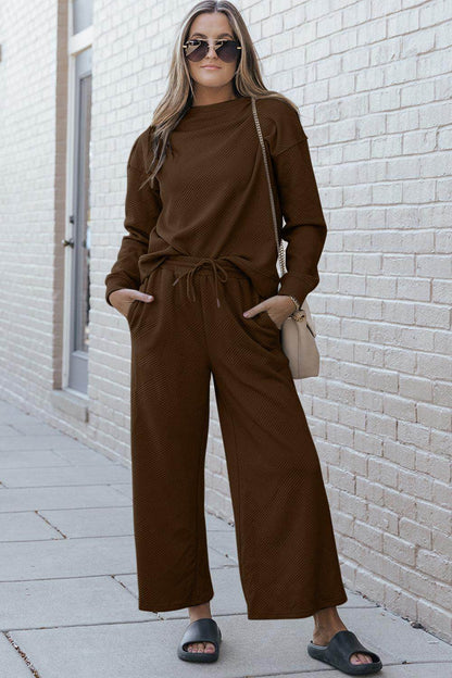 Double Take Full Size Textured Long Sleeve Top and Drawstring Pants Set for Women