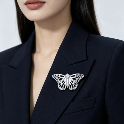 Silver Butterfly Brooch Hollowed-Out Zircon Pin