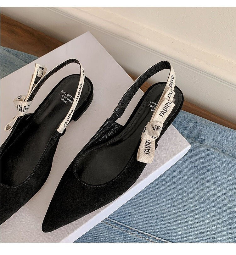 Women Genuine Leather Closed Toe Backless Flat Sandals, Pointed Toe Bow Style Pumps New Summer