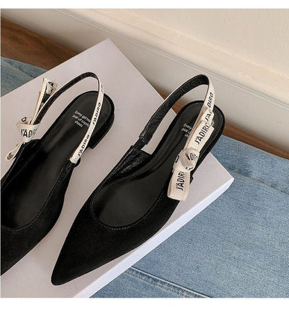 Women Genuine Leather Closed Toe Backless Flat Sandals, Pointed Toe Bow Style Pumps New Summer