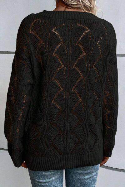 Openwork V-Neck Long Sleeve Sweater for Women Fashion