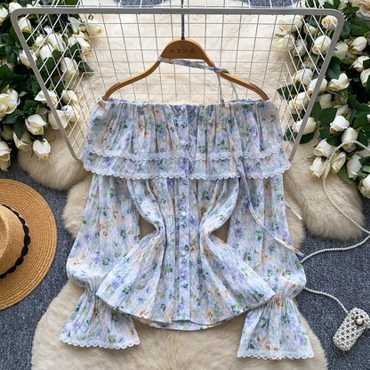 Womens Lace-Patchwork Ruffled Flare-Sleeve Floral Blouse