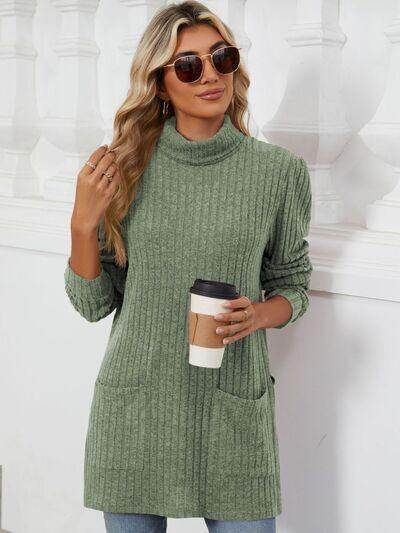 Slit Mock Neck Long Sleeve T-Shirt for Women with Pocket