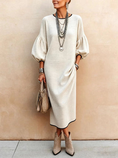 Womens Knitted Mid-Length Dress With Bubble Sleeves