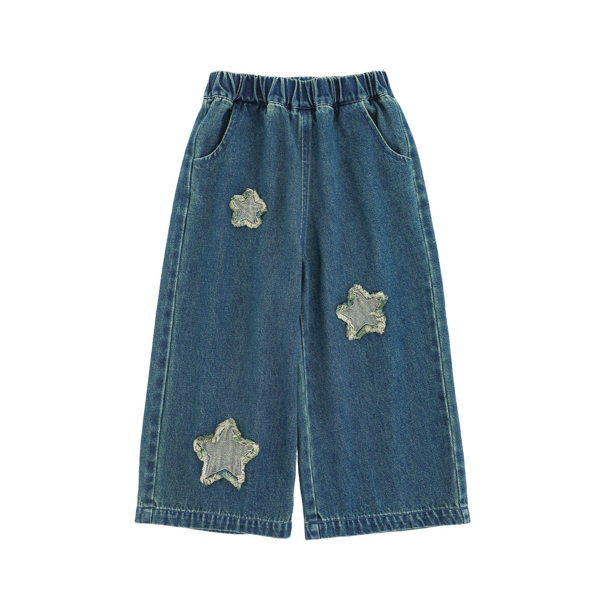 Girls' Washed-Effect Denim Jeans With Cute Star Embroidery And Fade-Resistant Design