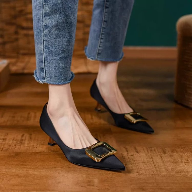Women Soft Leather High Heels, New French Style Elegant Pointed Toe Pumps With Square Buckle