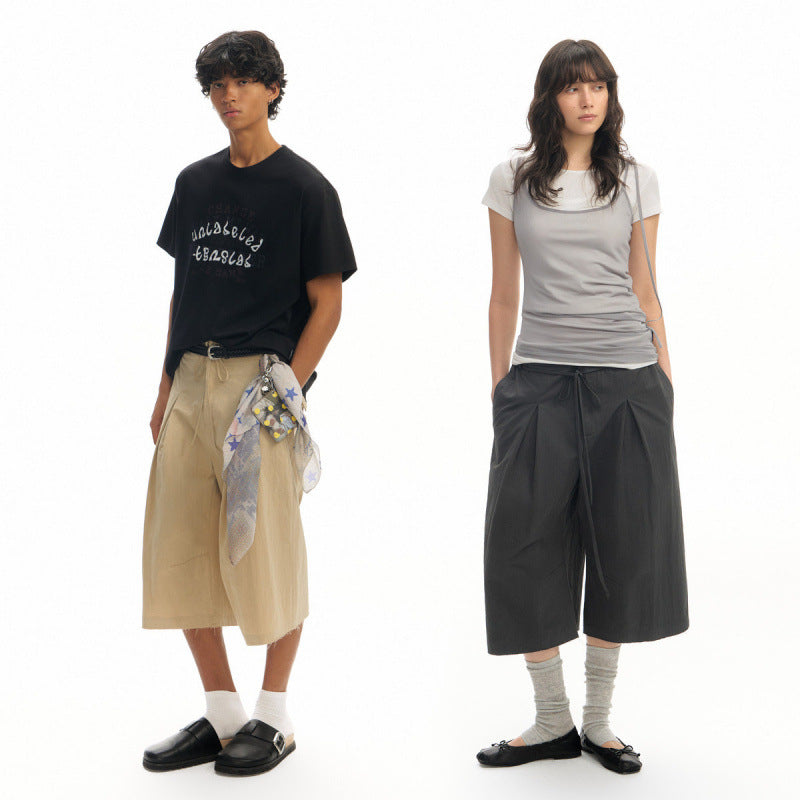 Pleated Ribbon-edged Capri Pants Casual Shorts