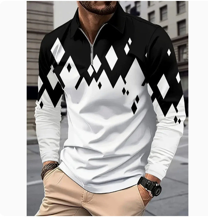 Men's Long Sleeve Color Block Zipper Polo Shirt
