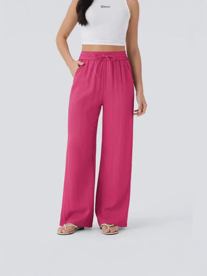 2026 High-Waisted Drawstring Side Pocket Casual Style Linen Flowy Elastic Beach Wide-Leg Pants Women's Cloud Cotton Casual Pants