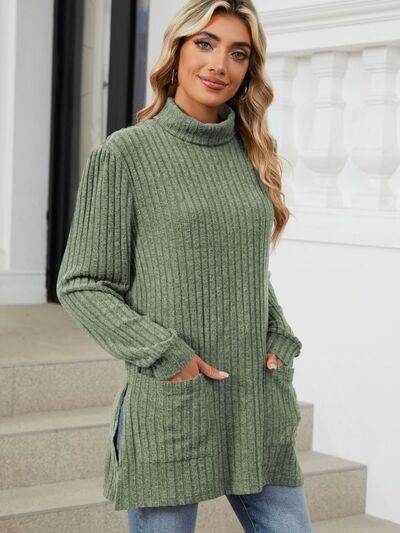 Slit Mock Neck Long Sleeve T-Shirt for Women with Pocket