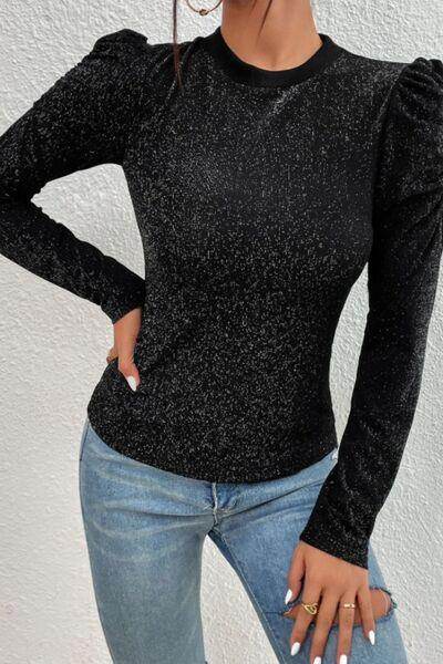 Metallic Round Neck Puff Sleeve Blouse for Stylish Elegance