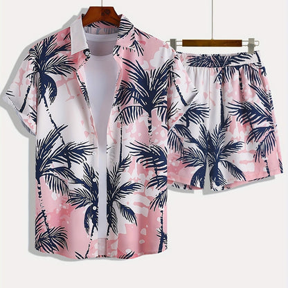 Casual Lapel-Button Hawaiian Shirt And Shorts Set For Men