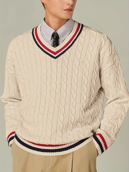 Color-block V-neck Long-sleeved Casual Elegant Autumnwinter New Sweater