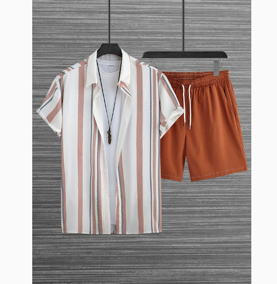 Black And White Striped Hawaiian Men's Shirt Set