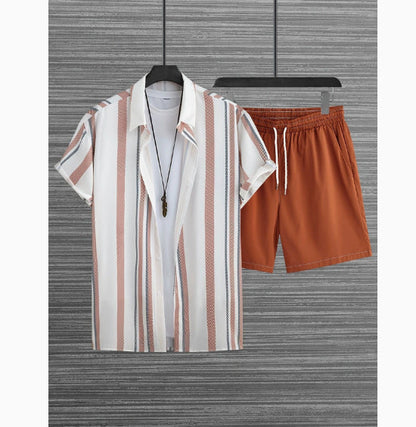 Black And White Striped Hawaiian Men's Shirt Set