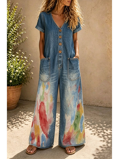 Buttoned Pockets Comfortable Short Sleeves Casual One-piece Wide-leg Jumpsuit