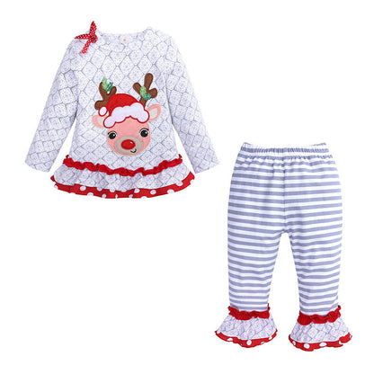 Christmas Children's Clothing Girls' Long-sleeved Reindeer Top Striped Pants Set