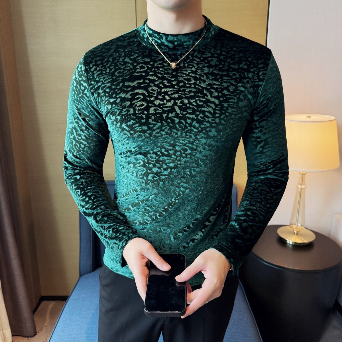 Velvet Leopard Print Jacquard Half-High Collar Long-Sleeve T-Shirt