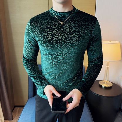 Velvet Leopard Print Jacquard Half-High Collar Long-Sleeve T-Shirt