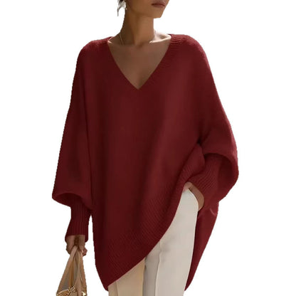 Women's V Neck Oversized Knit Sweater, Long Sleeve Solid Color Lazy Style Loose Asymmetric Hem Pullover Top For Spring Daily Wear