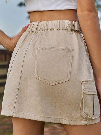 Adjustable Waist Denim Skirt with Pockets for Women