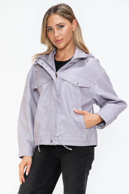 How Dare U Drawstring Hem PU Leather Zip Up Jacket Women