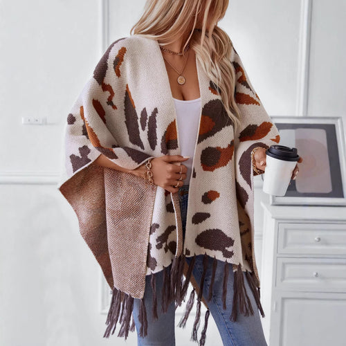 Drizzle-Color Leopard-Print Knitted Tassel CapeShoulder Wrap For Women