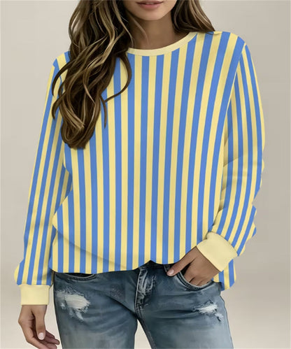 Women's Pink Mint Vertical Stripe Print Crew Neck Sweatshirt, Long Sleeve Casual Pullover Top
