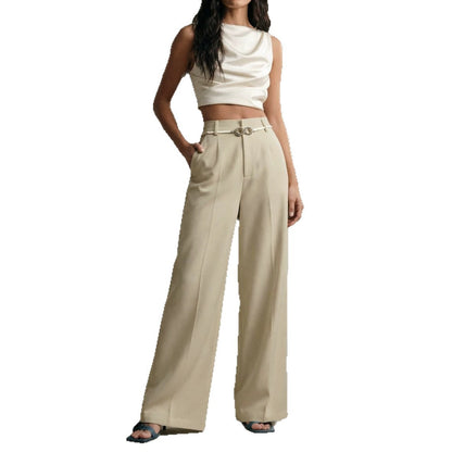 Solid-color High-waisted Draping Wide-leg Straight Pants