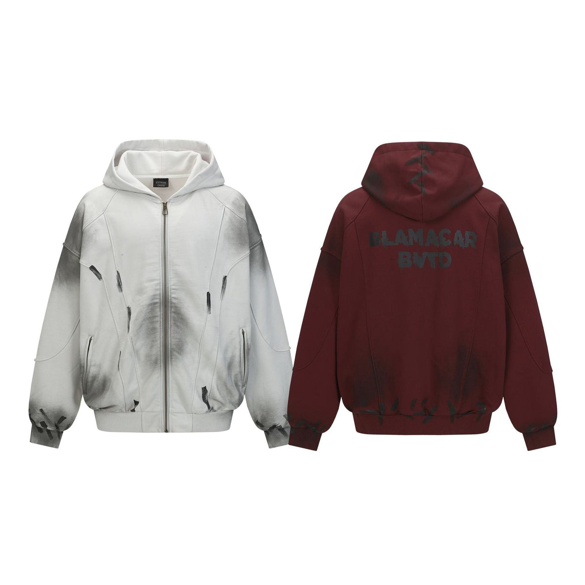 Graffiti-washed Earth-toned Distressed Hooded Sweatshirt
