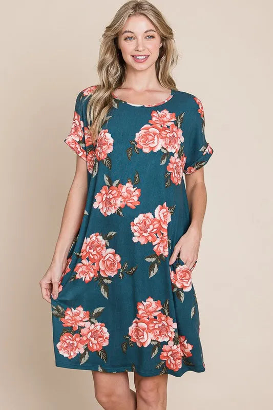 BOMBOM Floral Round Neck Short Tee Dress with Pockets