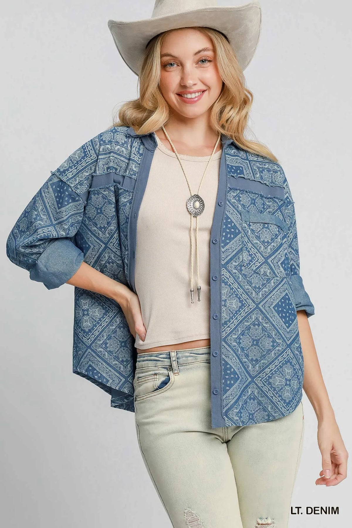Umgee Paisley Print Denim Shirt Jacket