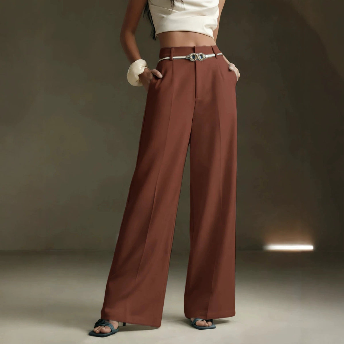 Solid-color High-waisted Draping Wide-leg Straight Pants